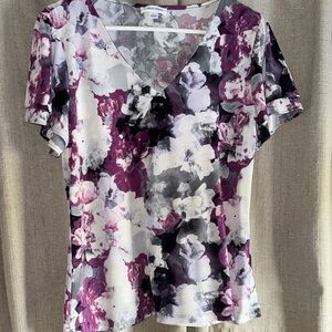 Calvin Klein Purple and Gray Floral Blouse Flatter Sleeve L